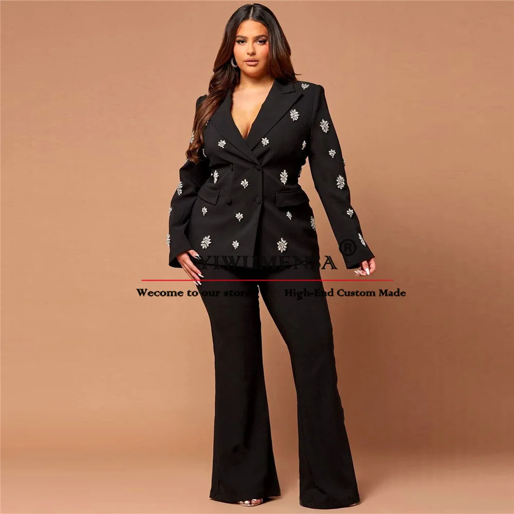 Crystals Women Suit Set Plus Size 2 Piece Jacket Pants Wedding Tuxedo Party Prom Dress Tailored Double Breasted Blazer Sets