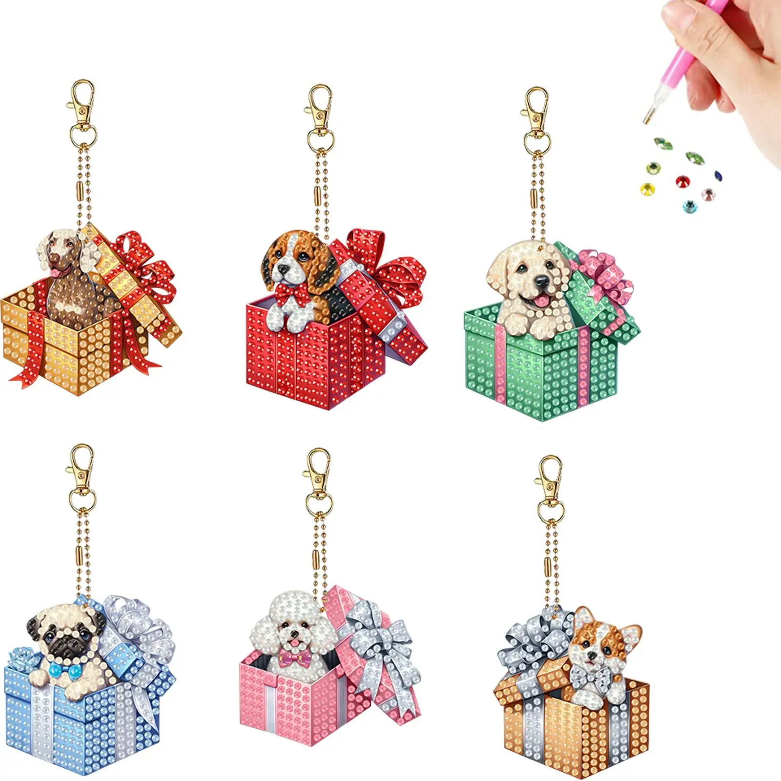 

6PCS 2D Flat Gift Dogs DIY Diamond Painting Keychain Diamond Art Kits Keyrings