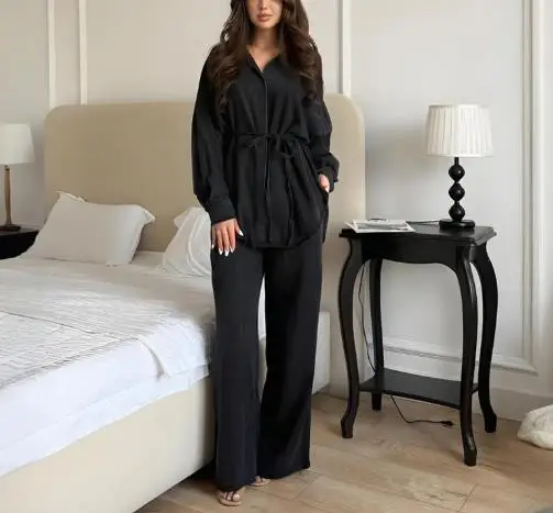 

Autumn Solid Color Lapel Lantern Sleeve Denim Shirt and High Waisted Straight Leg Pants Set for Women's Casual 2-Piece Set