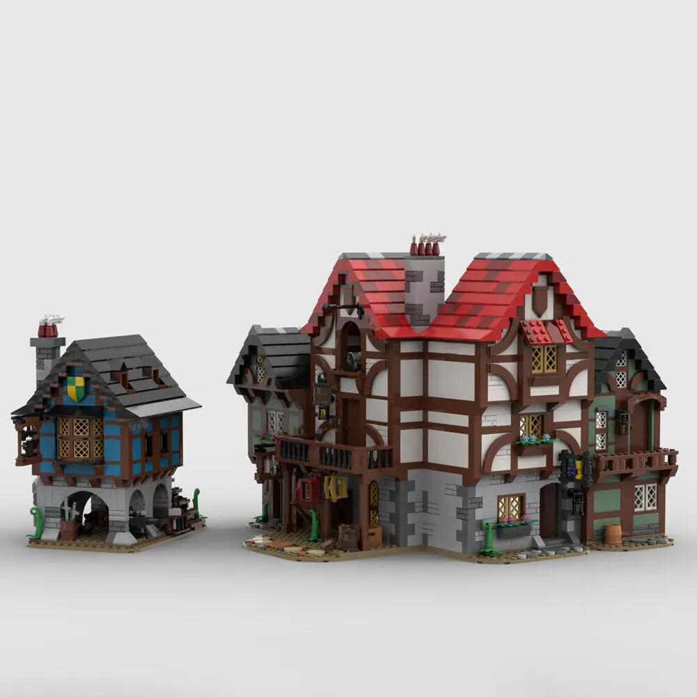 MOC UCS 중세 골목, Inn Blacksmith's Shop 및 Tailor's House 빌딩 블록, DIY 조립 벽돌 MOC-150889, 2421 PCs