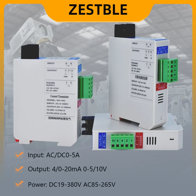 AC/DC Current  Sensor Transducer AC/DC 1A 5A 10A Input 4-20mA 0-20mA 0-5V 0-10V Output DC24V AC/DC85-265V Power Supply