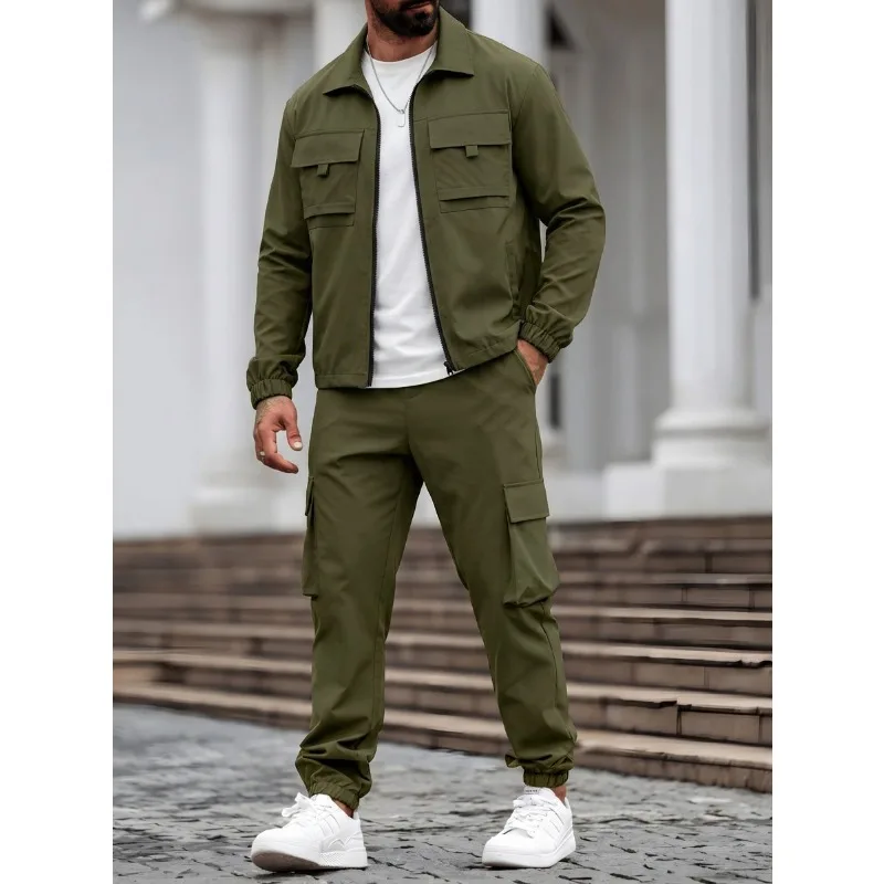 

Men's 2 Piece Cargo Tracksuit Zip Work Jacket Jogger Pants Set Multi-Pocket Casual Outfit with Multiple Colors
