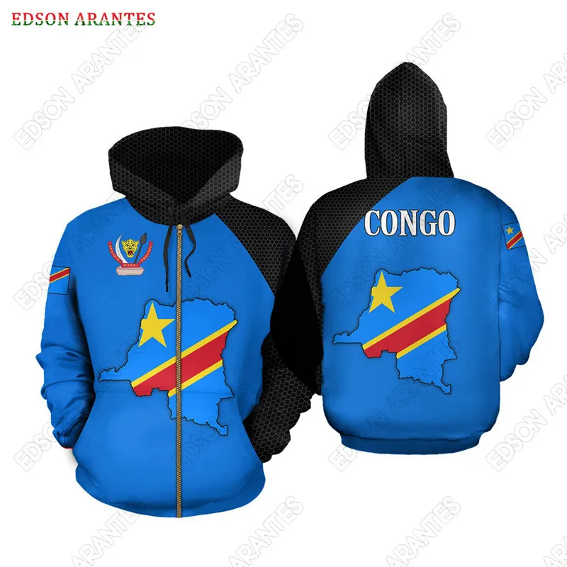 New Zaire Zip-up Hoodies Tracksuit Men DR Congo Flag Print Oversize African Pullover Sweatshirt Unisex Hip Hop Clothes Customize