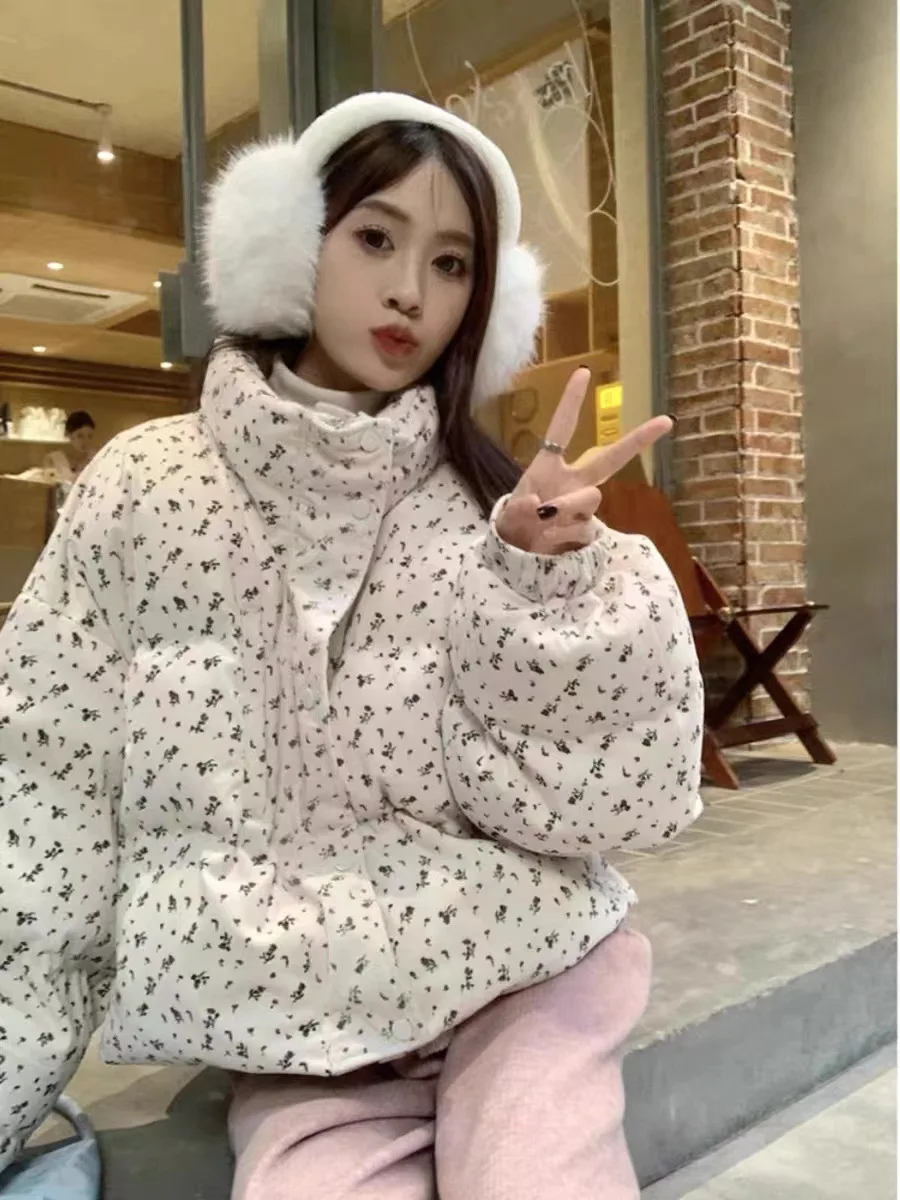 2024 Fresh Small Floral Short Down Cotton Jacket for Women's Winter New Style Korean College Style Thick Warm Cotton Jacket