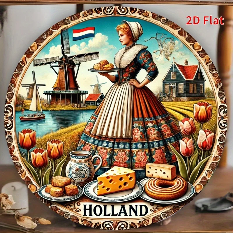 Dutch Countryside Metal Wall Art 2D Flat, Traditional Woman Windmill Tulip Fields Decor, 8x8 Inch Vintage Dutch Kitchen Sign, No