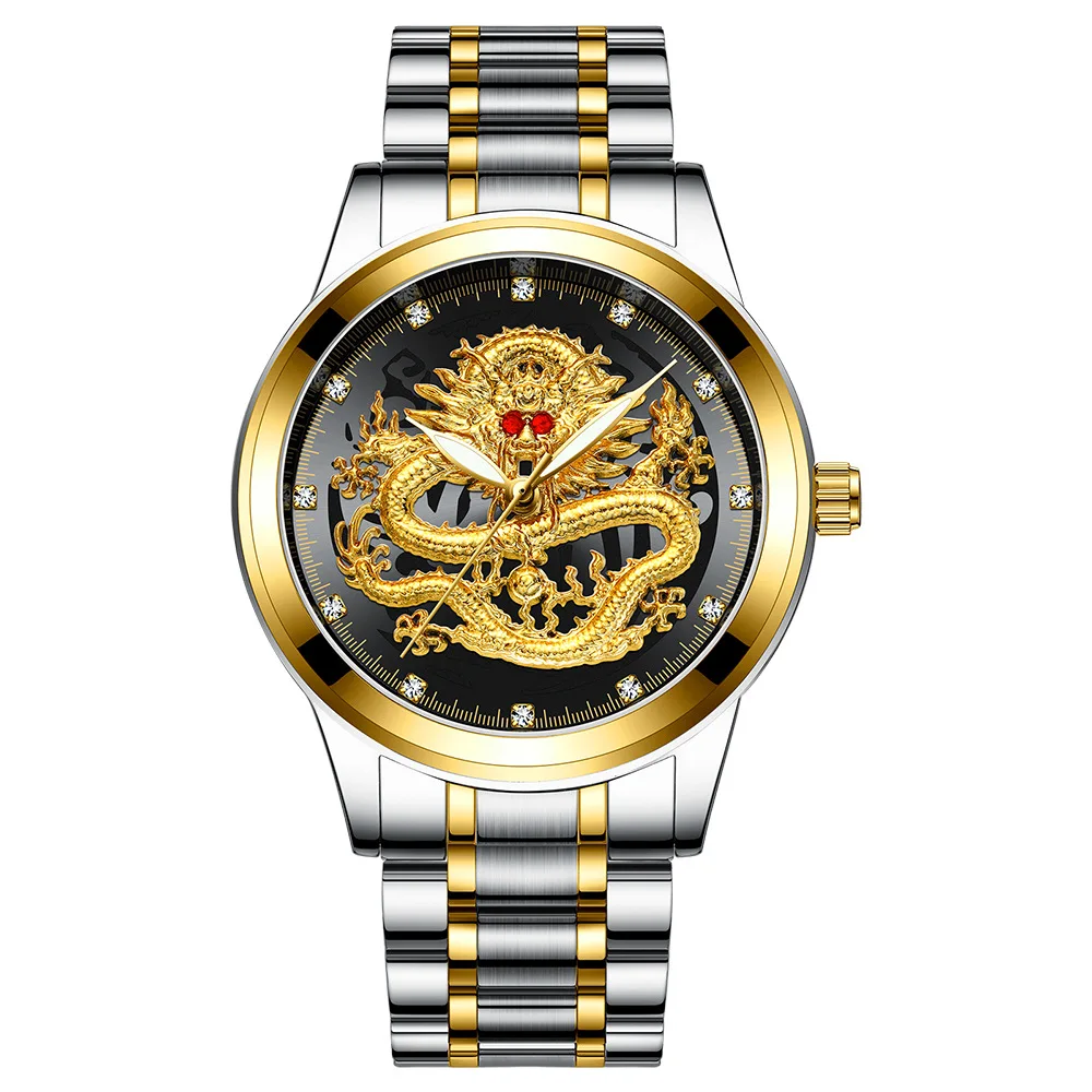 New Men Watch Dragon Quartz Wristwatch Gold Skeleton Retro Man Watch Top Brand Luxury Clock Mens Watches Reloj Hombre