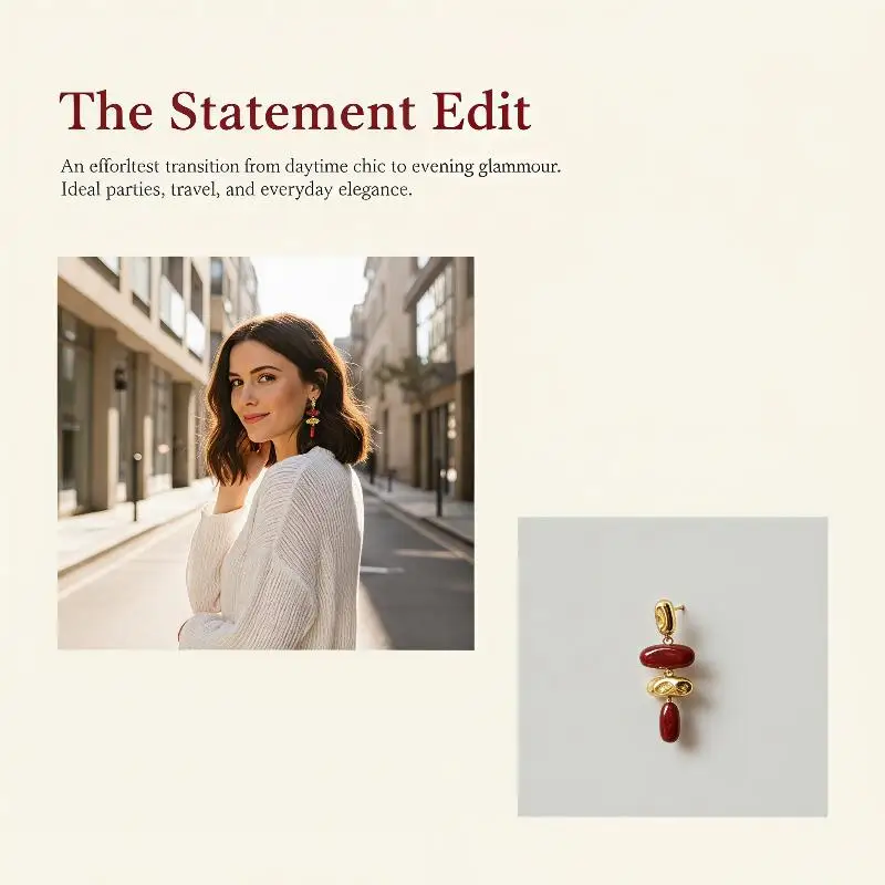 Retro Exaggerated Gold Dangling Earrings Wine Red Enamel Stitching Drop Glaze Jewelry for Girls Club Party