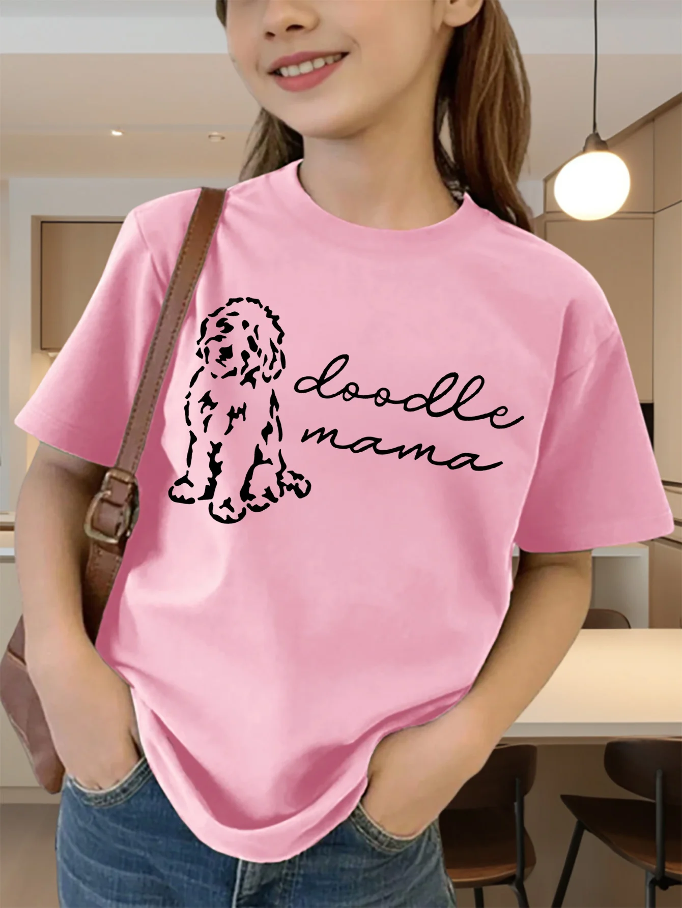 Cute Doodle Mama Dog Line Letter Print Graphic Kids Tee Boys Girls Family Matching Cotton Crew Neck Short Sleeve Soft Summer Tee