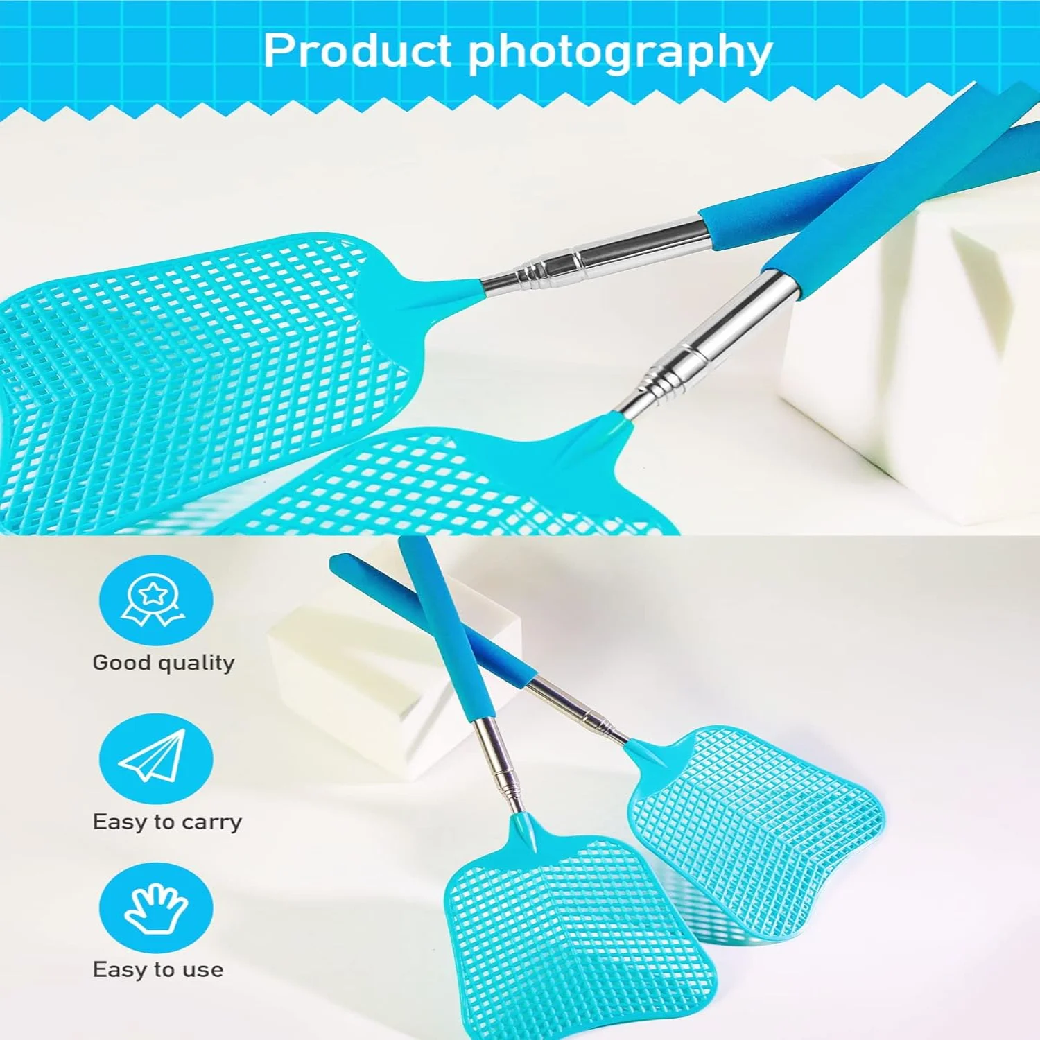 2 Pack Fly Swatters Heavy Duty Set, Fly Swatter, Telescopic Fly Swatters, Stainless Steel Handle for Flyswatter. (Blue)