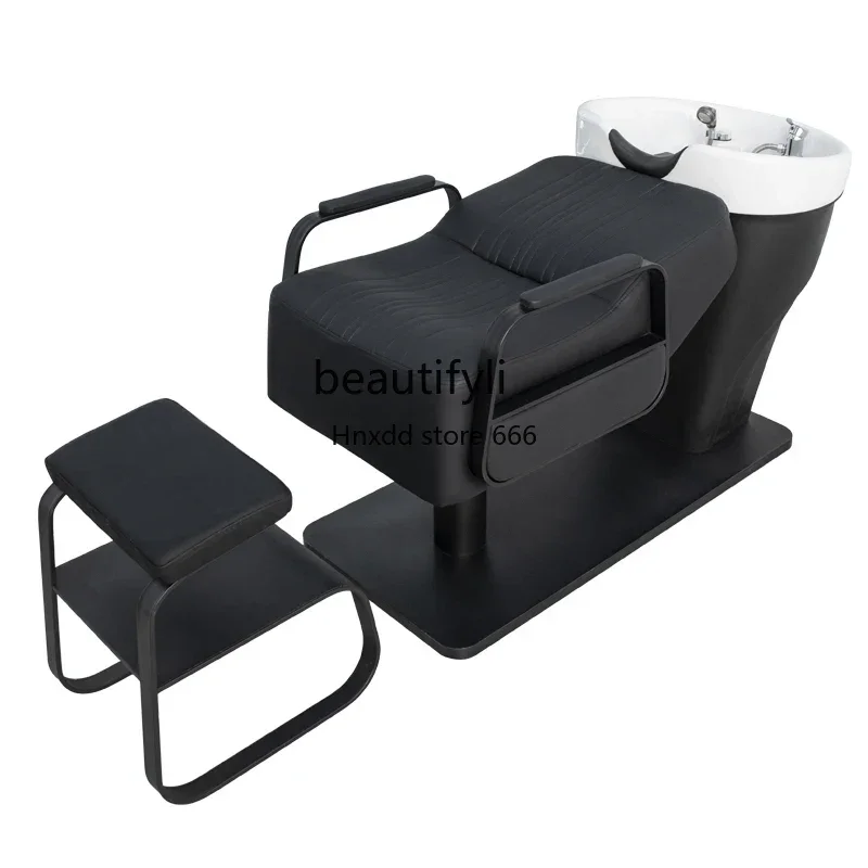 Hair Salon Shampoo Chair Lying Half High-End Stainless Steel Ceramic Deep Basin Haircut Punch Bed