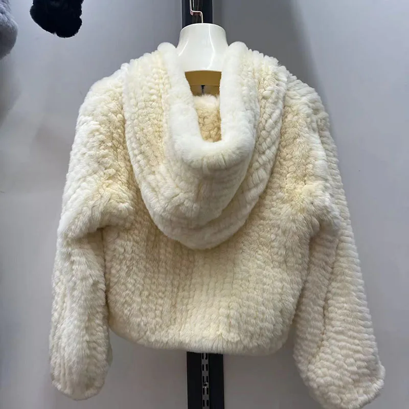 Cappotto con cappuccio in vera pelliccia di coniglio Rex lavorato a maglia invernale da donna moda femminile giacche di pelliccia genuina calda capispalla in pelliccia di coniglio naturale femminile