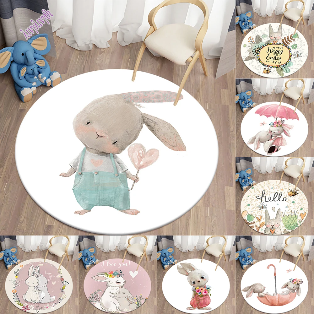 Decorative Carpet Cartoon Bunny Printed Area Rugs Round Carpet for Living Room Floor Mat Flannel Anti-Slip Mat for Children