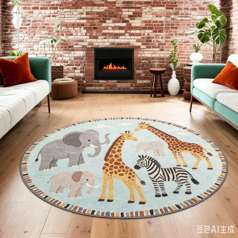 Newest 2D Round Carpet Colorful Cartoon Lion Tiger Leopard Wild Animal Round Rug Non Slip Playroom Floor Carpet
