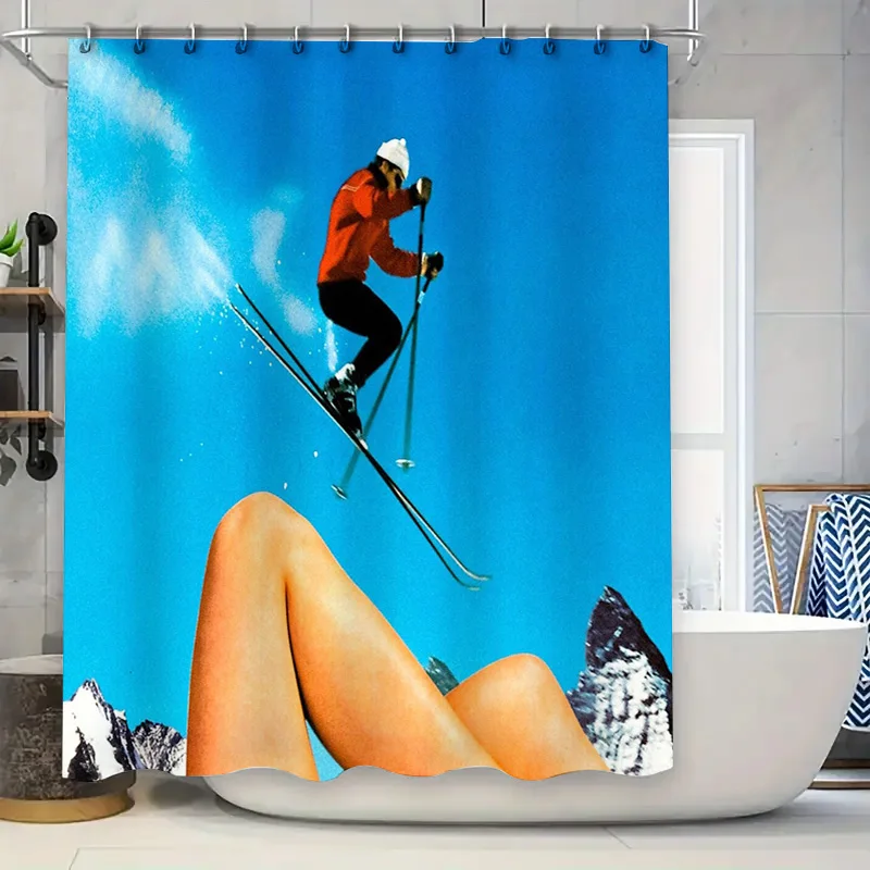

Mountain Skiing Shower Curtain Adventure Nature Scenic Backdrop Waterproof Decor Bathroom Fabric