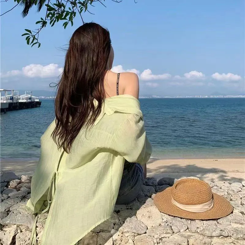 Thin Long Sleeve Sunscreen Shirt Woman Korean Fashion Back Split Lace Up White Shirts Women Casual Loose Holiday Beach Blouse