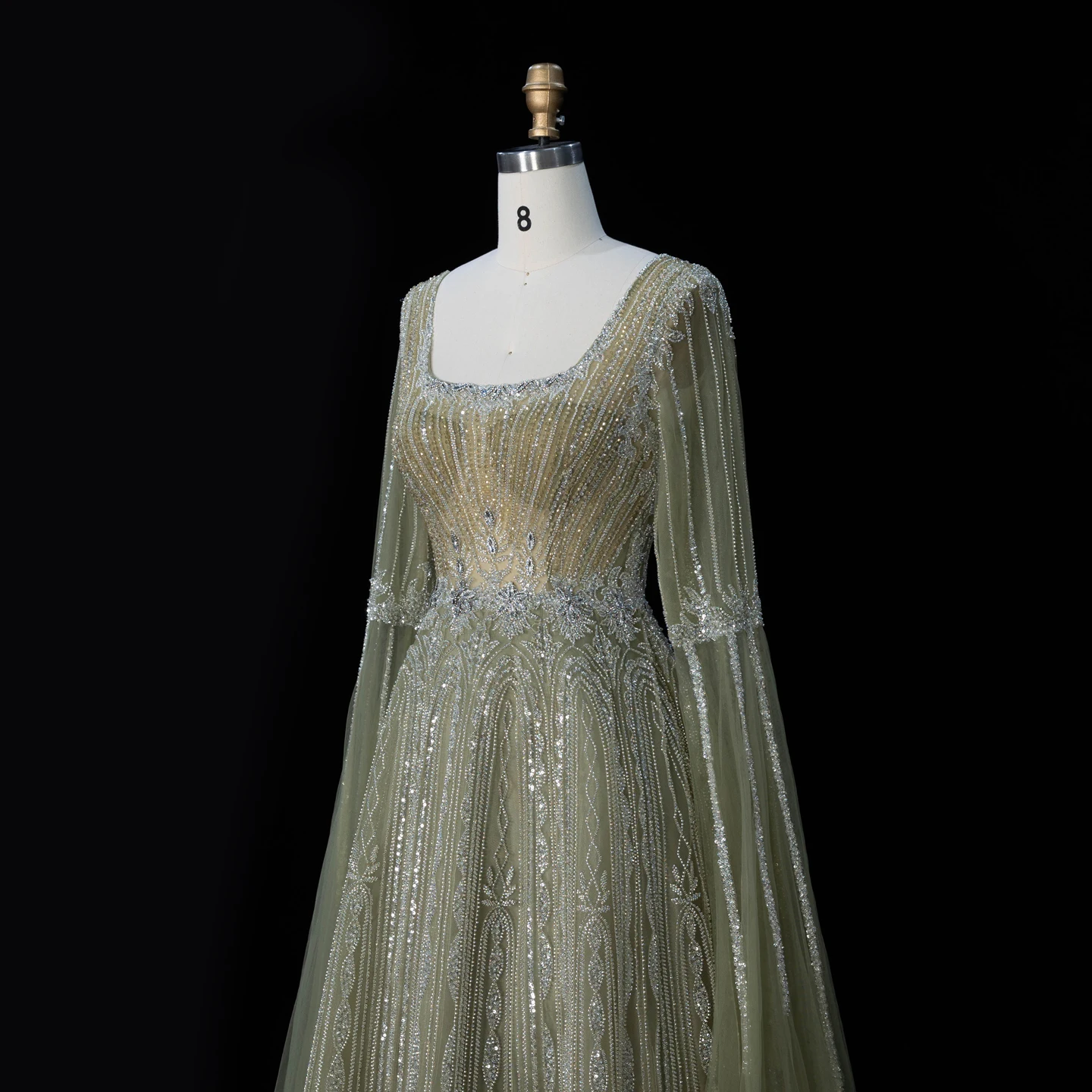 Sharon Said Luxuriöses Braunes Abendkleid mit Quadratischem Ausschnitt, Langen Glockenärmeln, Schwer Perlenbestickt, Dubai Formelle Partykleider SS065 Maßanfertigung – Detail 20