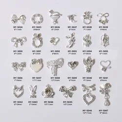 Mix 10/15pcs Shaped Rhinestones Nail Charm Silver Bowknot Nail Dangles Luxury Metal Heart 3D Nail Art Decoration Manicu