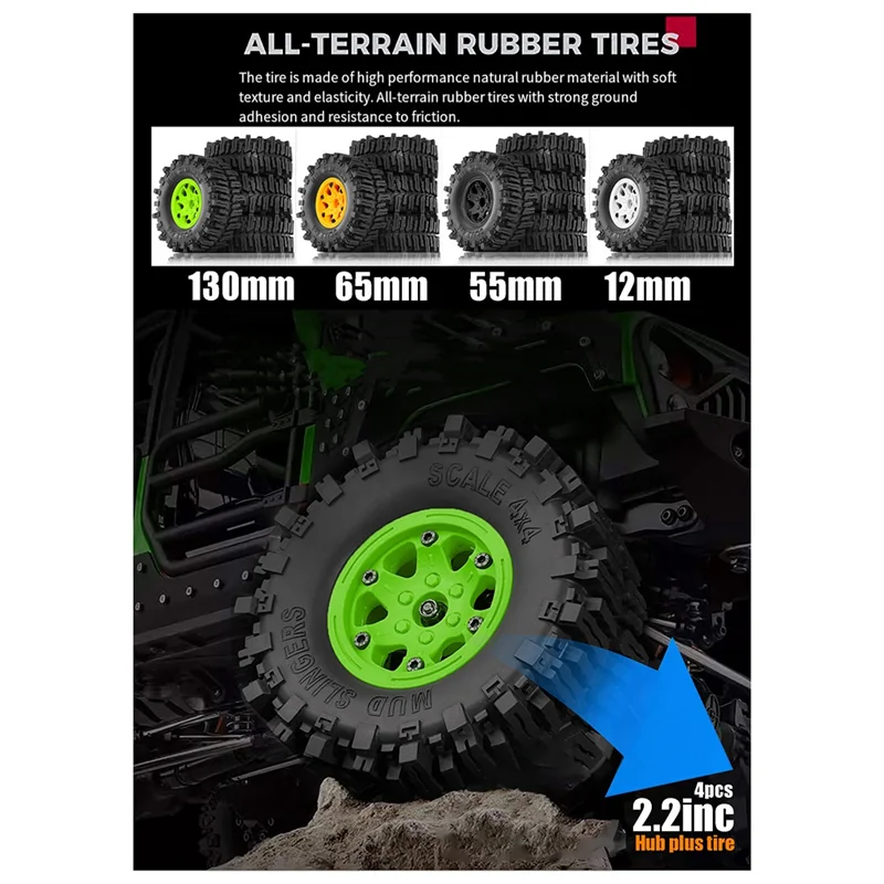 ABUM-4Pcs 130Mm 2.2Inch Beadlock Wheel Rim Rubber Tire Set For 1/10 RC Crawler Car Axial SCX10 Wraith RR10 Capra RBX10 TRX4