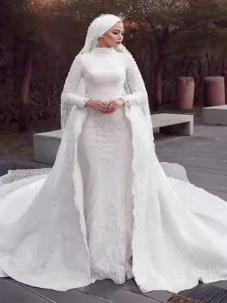 

African Long Sleeve round Neck Detachable Train Wedding Dress Elegant Evening Gown mid Waist Design for Women