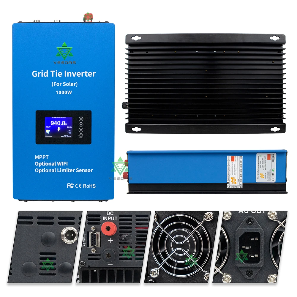 1000W Solar Inverter Grid Tie MPPT MIcro Inversor Battery Discharge Power Mode with Internal Limiter Sensor 24 48 VDC 95-265VAC