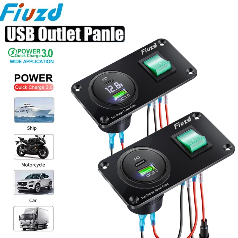 USB C Car Charger Socket 12V/24V Dual USB Socket PD3.0 and QC3.0 Car USB Port With LED Voltmeter and On/Off Switch