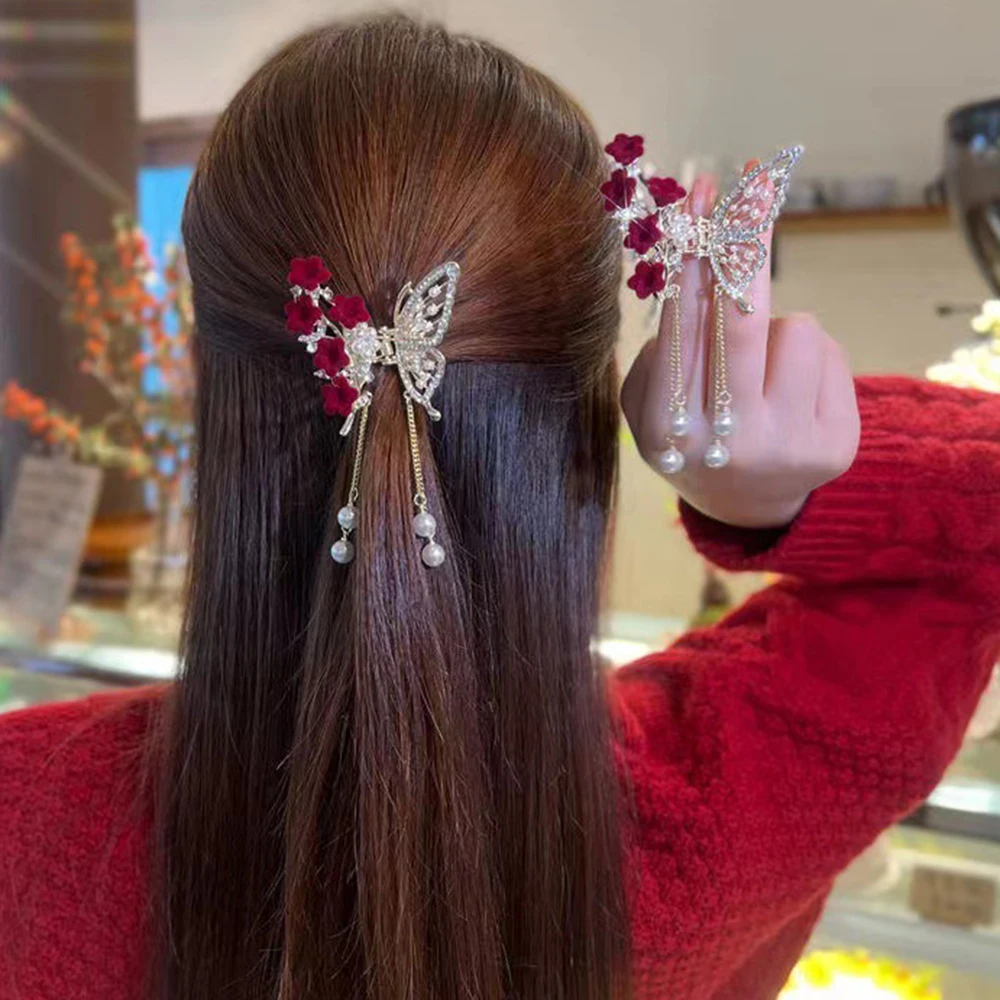 Butterfly Tassel Pearl Hair Claw Red Flower Festival Hairpin For Girls Ponytail Hair Clips Crab Women Fashion Accessories Gifts