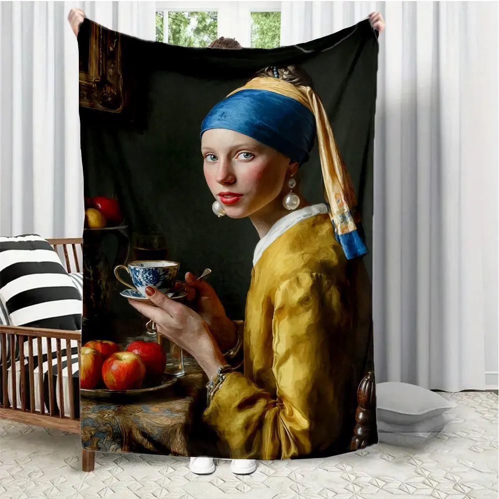 girl wearing a pearl earring Flannel printed blanket suitable for all seasons suitable for living room office sofa and travel