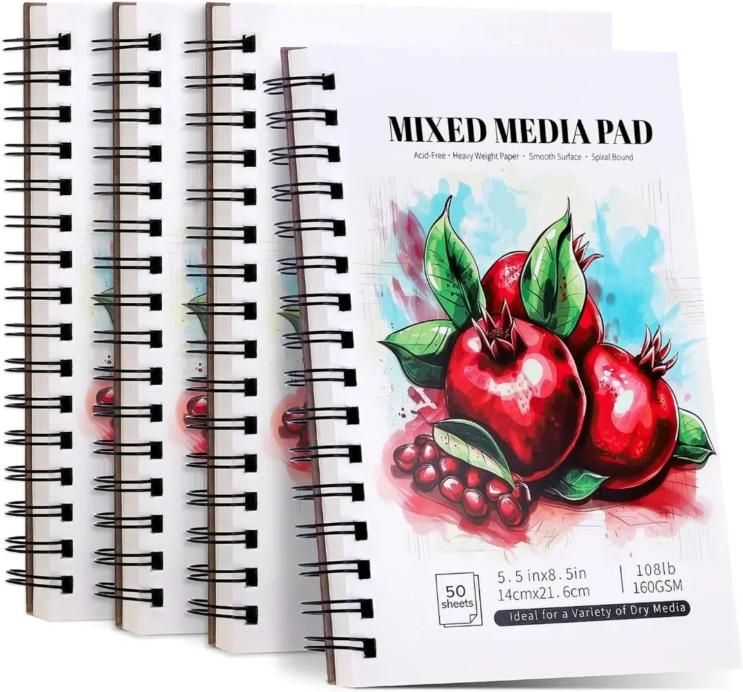 

4 Pack of Mixed Media Sketchbooks, 5.5x8.5 Inch Drawing Paper Sketchbooks, 108lb/160gsm Heavy Duty Spiral Bound Sketchbooks