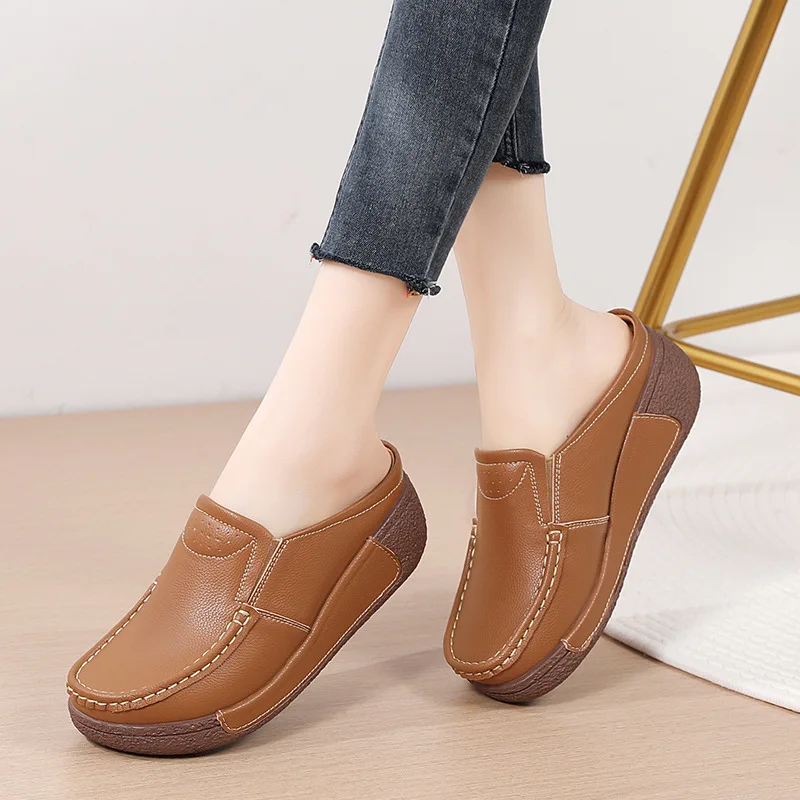 

Women Mother Genuine Leather Shoes 2025 Summer New Platform Wedges Ladies Shoes Hollow Out Breathable Women Sandals Slippers