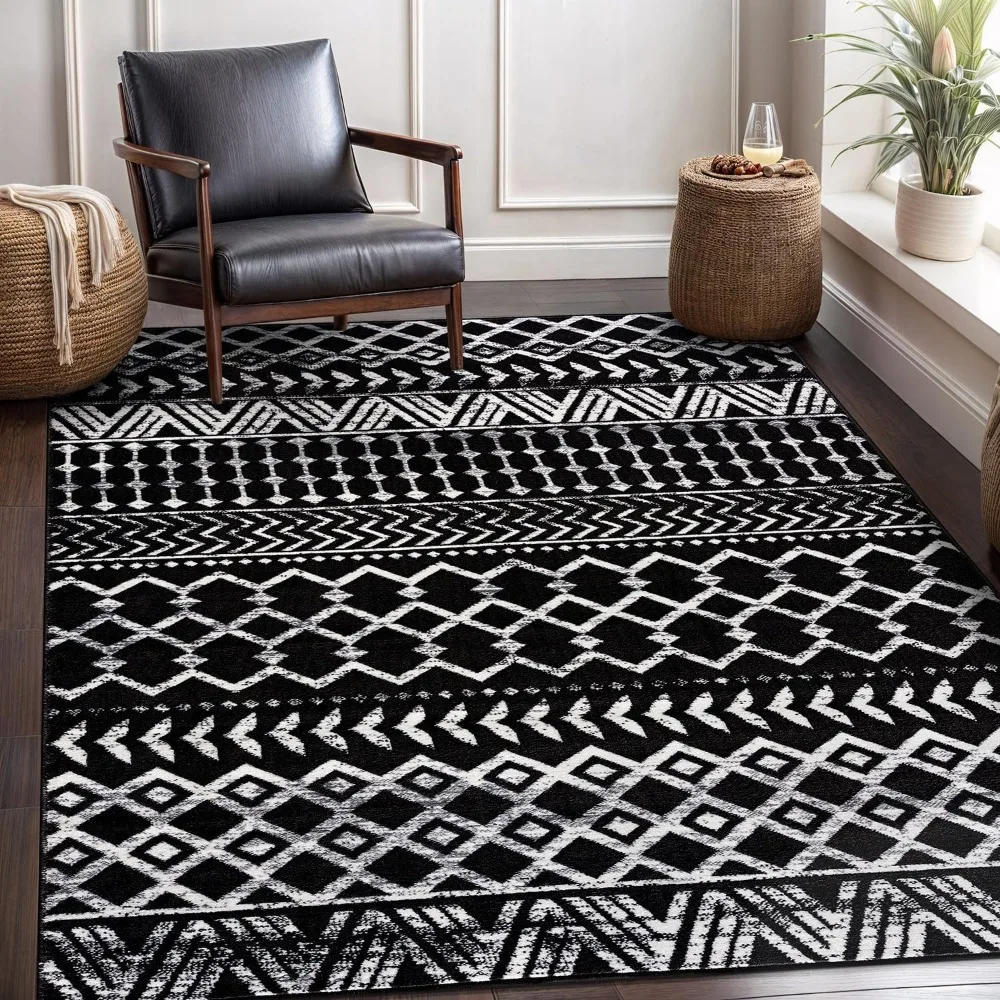 

Boho Moroccan Black and White Rug Geometric Diamond 6x9 Area Rugs for Living Room Bedroom Kitchen Modern Bohemian Soft Stain Re