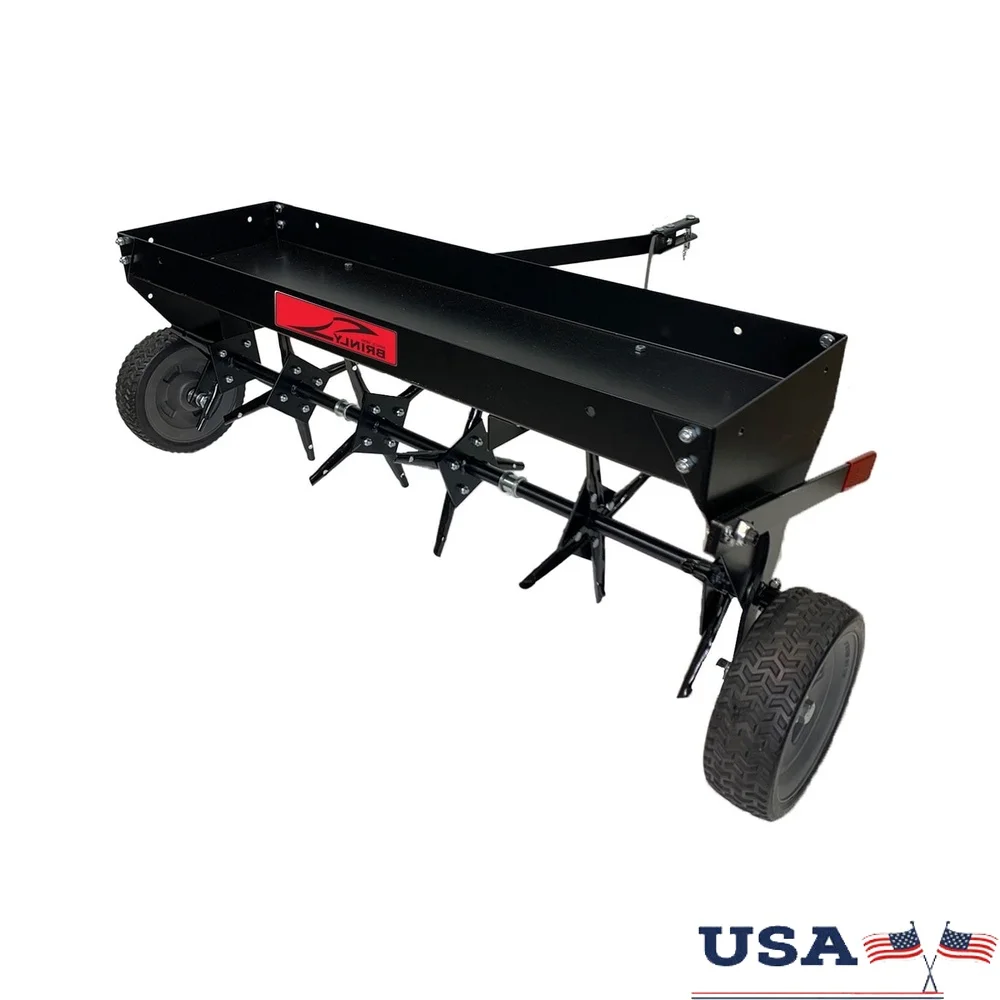 

42 Inch Tow Behind Plug Aerator Easy Store Handle Soil Compaction Relief Durable Steel Construction Universal Hitch Easy