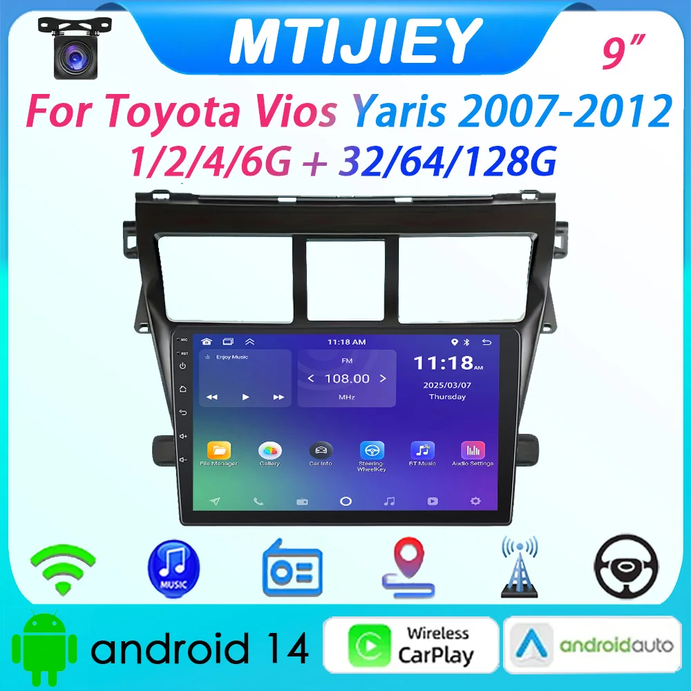 

[MTIJIEY] 6+128G Car Radio for Toyota Vios Yaris 2007-2012 9" Android Auto Carplay GPS Multimedia Player Wifi BT FM RDS SWC