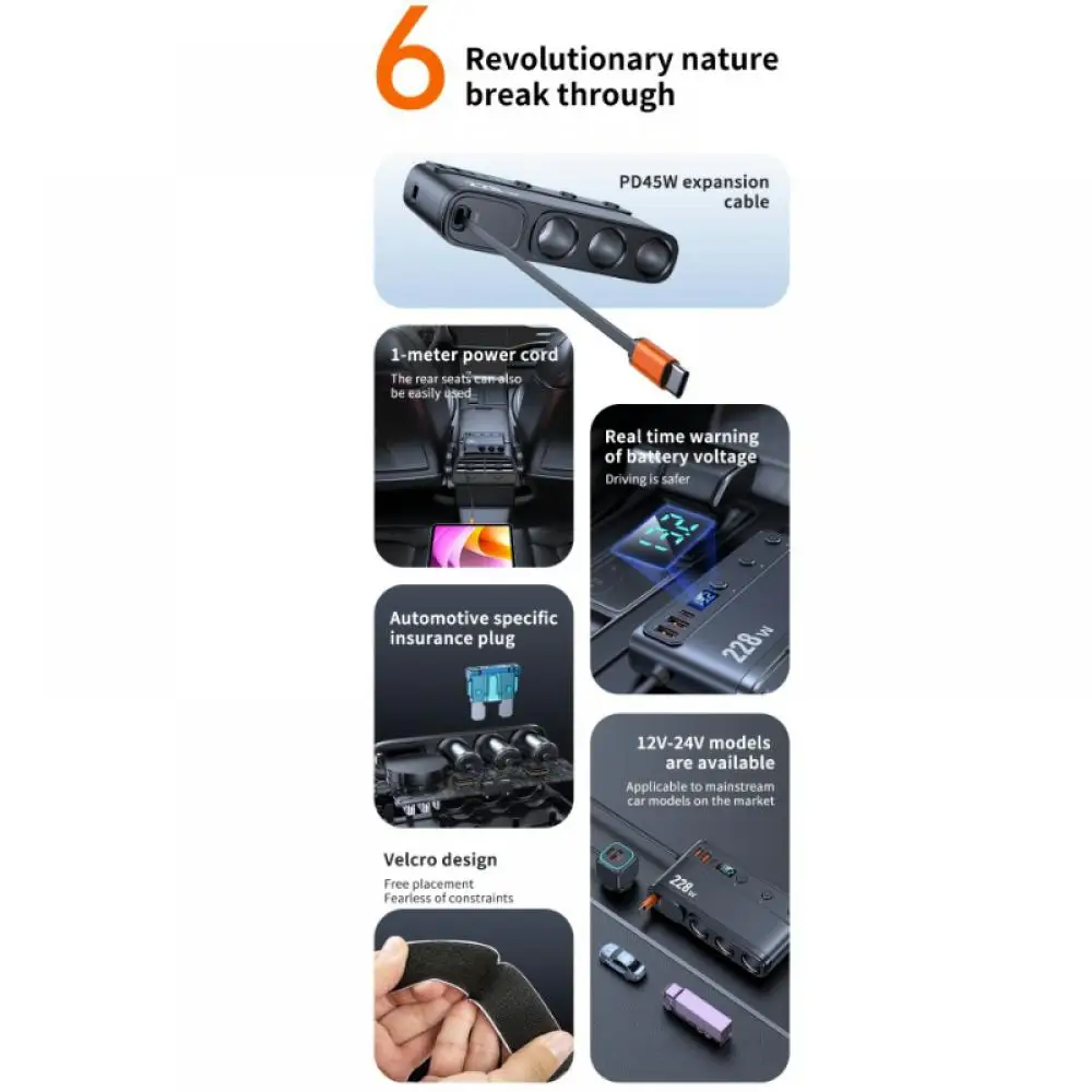 228W 9 in 1 Car Charger Adapter Charge Independent Switches PD36W/45W QC3.0 18W 3 Socket Cigarette Lighter Splitter with Voltage