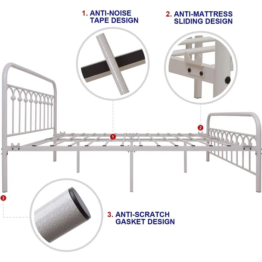 Vintage Queen Metal Bed Frame with Wrought Iron Headboard, Footboard, and Platform Base (White)