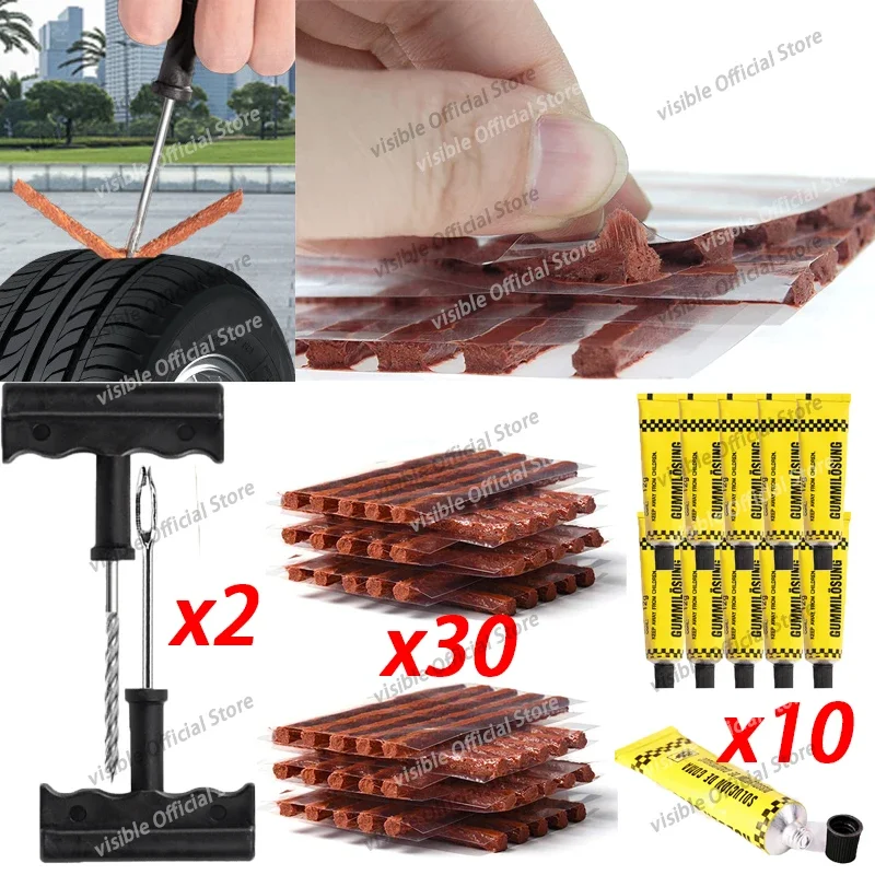 42pcs Car Tire Repair Tool Kit Rubber Strips Tubeless Tyre Puncture Studding Plug Set Motorcycle Truck Vacuum Tire Repair Tool