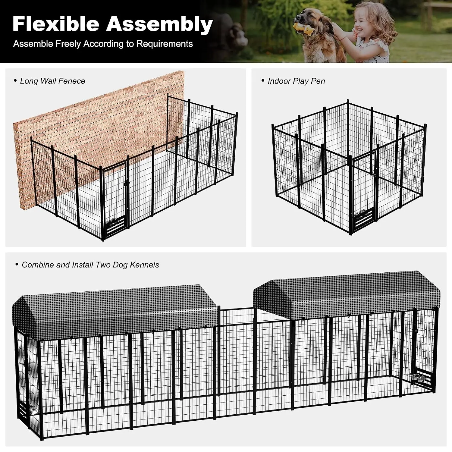 Heavy-Duty Dog Kennel with Roof Outdoor Run Enclosure Removable Cover Playpen Latch-Lock & Feeding Door 4x8x6 Ft, Customized
