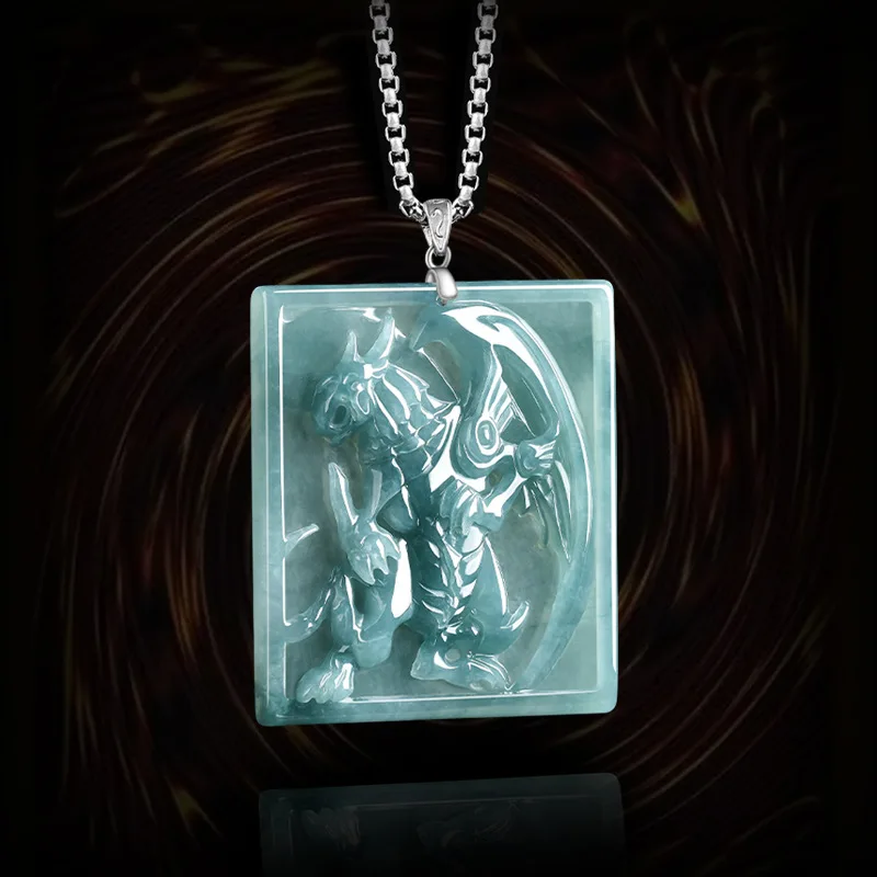 Natural A-Grade Blue Water Jadeite 3D Wings Shining Dragon Pendant Anime Men's Style Ice-Type Jewelry Yu-Gi-Oh! Inspired Design