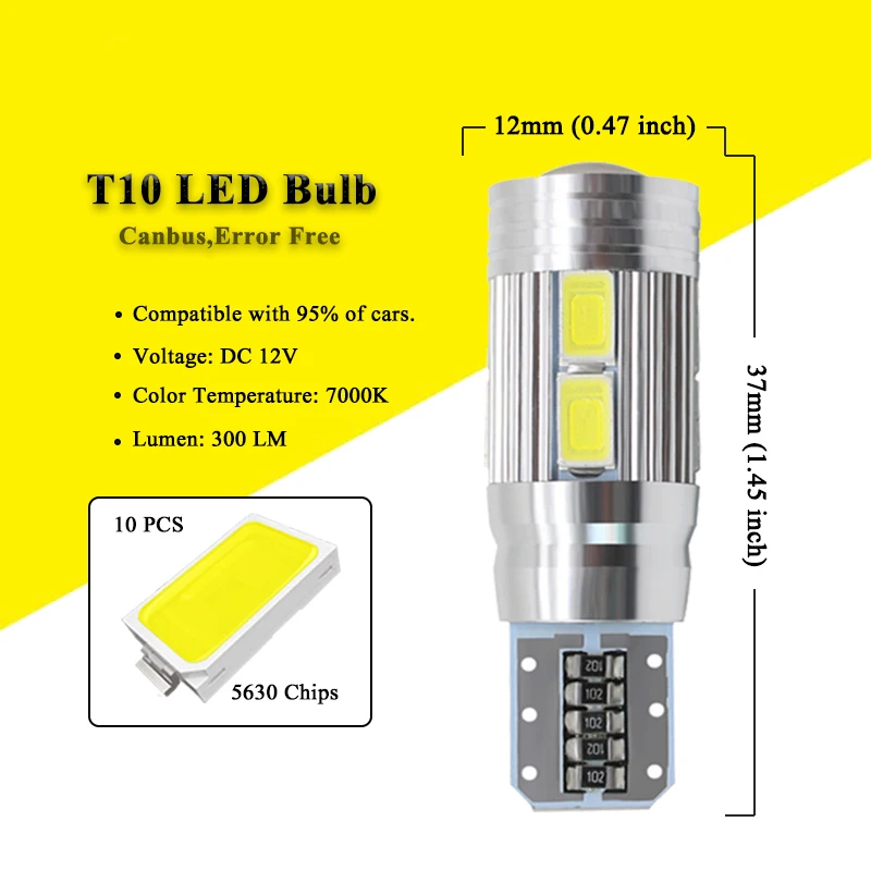 2/6/10 PCS T10 W5W LED Bulbs Canbus 12V 7000K White 5630-10SMD Car Interior Dome Door Trunk License Plate Wedge Side Lights