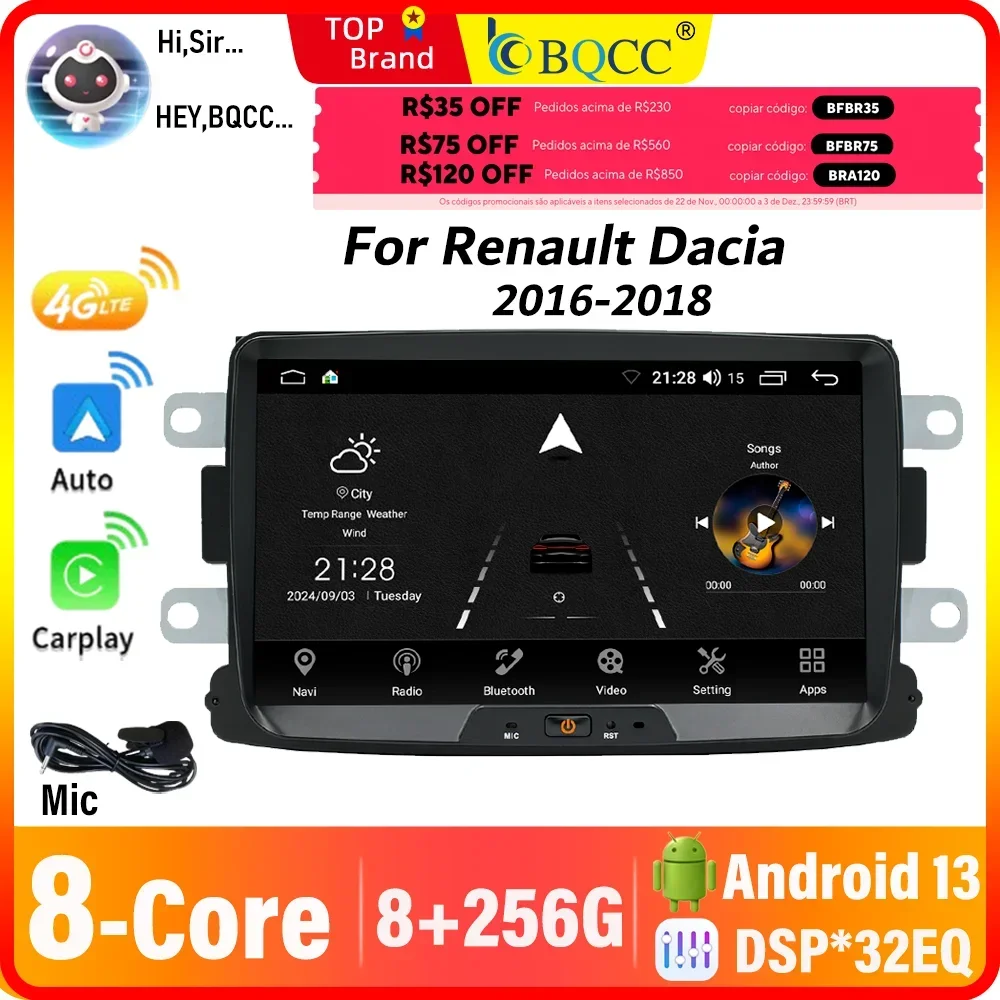 

BQCC 8'' Car Radio 8 Core Android 13 For Renault Dacia Logan Dokker 2016-2018 Wireless Carplay Android Auto GPS WIFI Car Stereo