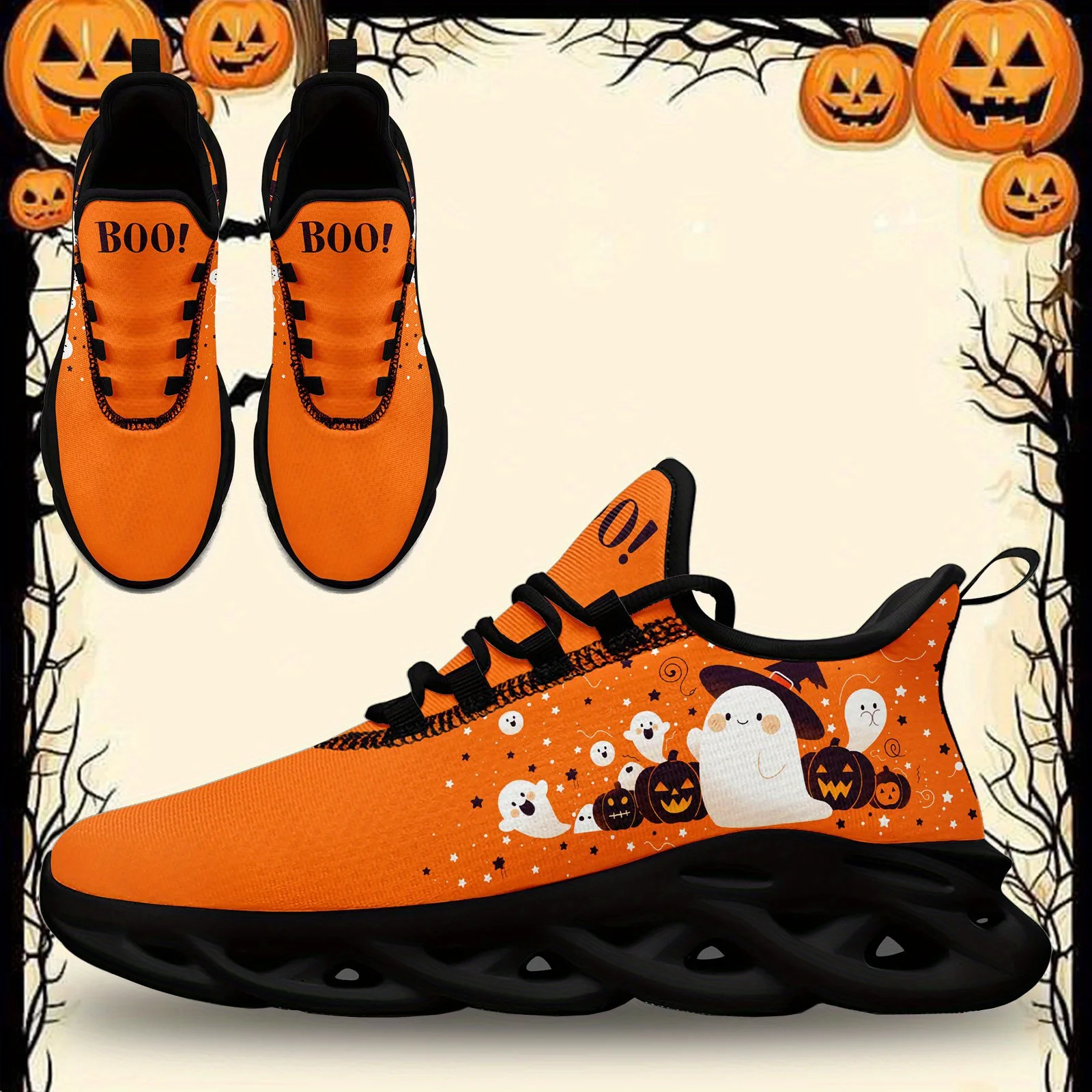 Custom Halloween Men's Casual Sneakers, Cute Orange And Pumpkin Graphic, Trick Or Treat Casual Shoes, Unique Sports Shoes, Fashi