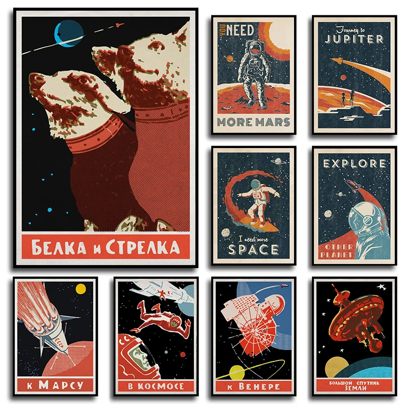 Vintage Soviet Poster Space Cosmonauts Red-brown Canvas Painting Retro Dog Art Print Souvenir Wall Picture Living Bedroom Decor