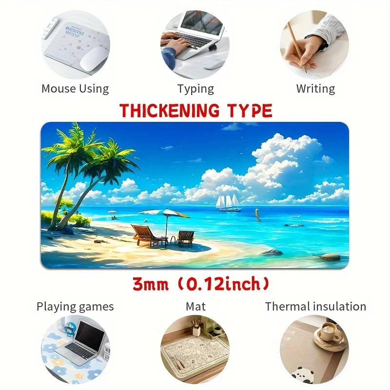 Beach Scenery Pattern, Large Rectangular Mouse Pad, Durable Stitched Hemming, Non-Slip Rubber Bottom, for Office, Laptop, Gaming