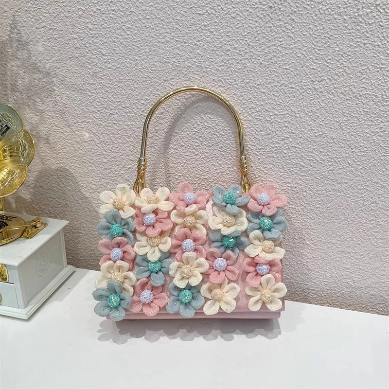 Women's Pink Fashion Flower Bag Women's Shoulder Messenger Chain Pearl Square Bag Lady Party Handbags Bag Clutches