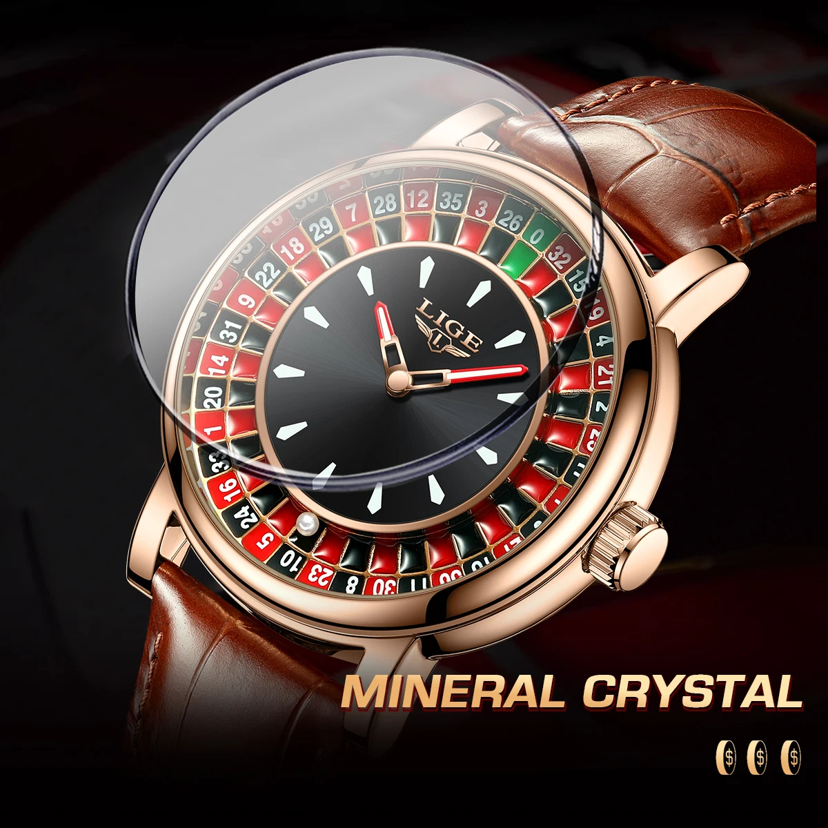 LIGE Arabic Numerals Rotating Dial Roulette Men Watch Luminous Quartz Man Wristwatch Fashion Leather Watch for Men Moveing Ball