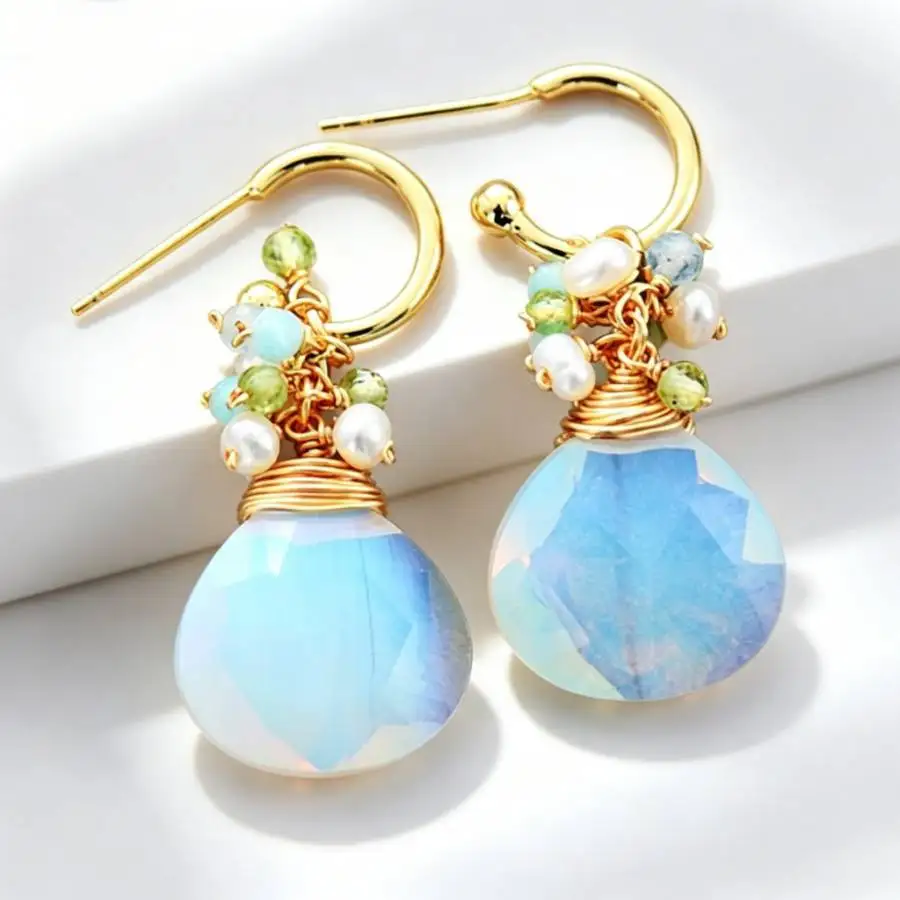 Women Gold Hoop Opalite Teardrop Dangle Earrings Handmade Wire Wrap Pearl Mixed Stone Drop Earrings Bohemian Fashion Gemstone