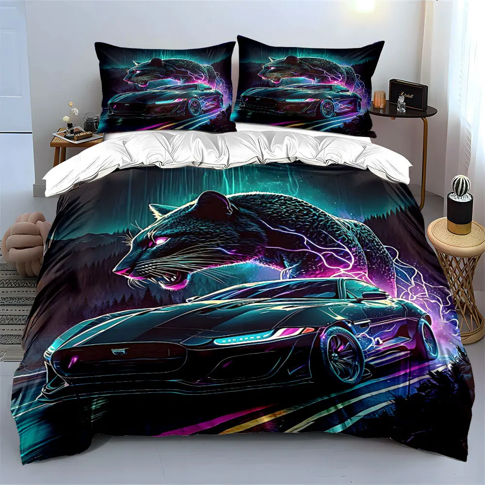 Neon car with panther spirit Print Bedding Set 1 Duvet Cover 2 Pillowcases for Adult and Children Luxury Gift Full Size