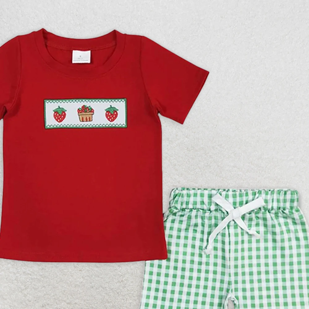 طقم قميص وسروال قصير مطبوع عليه كعكة الفراولة الحمراء للأطفال الصغار بأكمام قصيرة طقم ملابس أطفال للأولاد #5