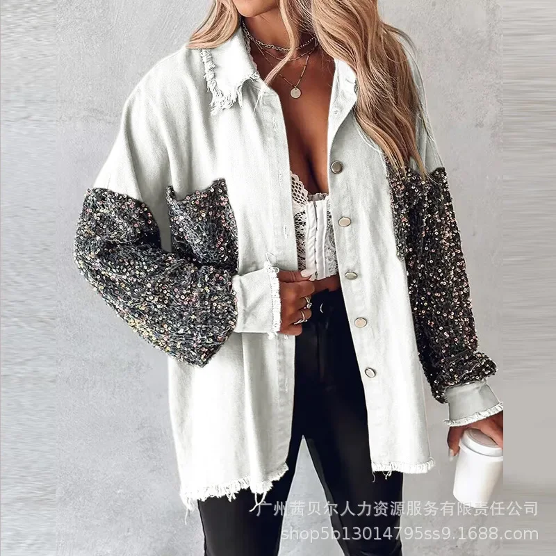 Elegant Shirt Cardigan Coat Casual Loose Pockets Trend Sequin Shirts Jackets Women Long Sleeve Stitching Contrast Raw Hem Coats