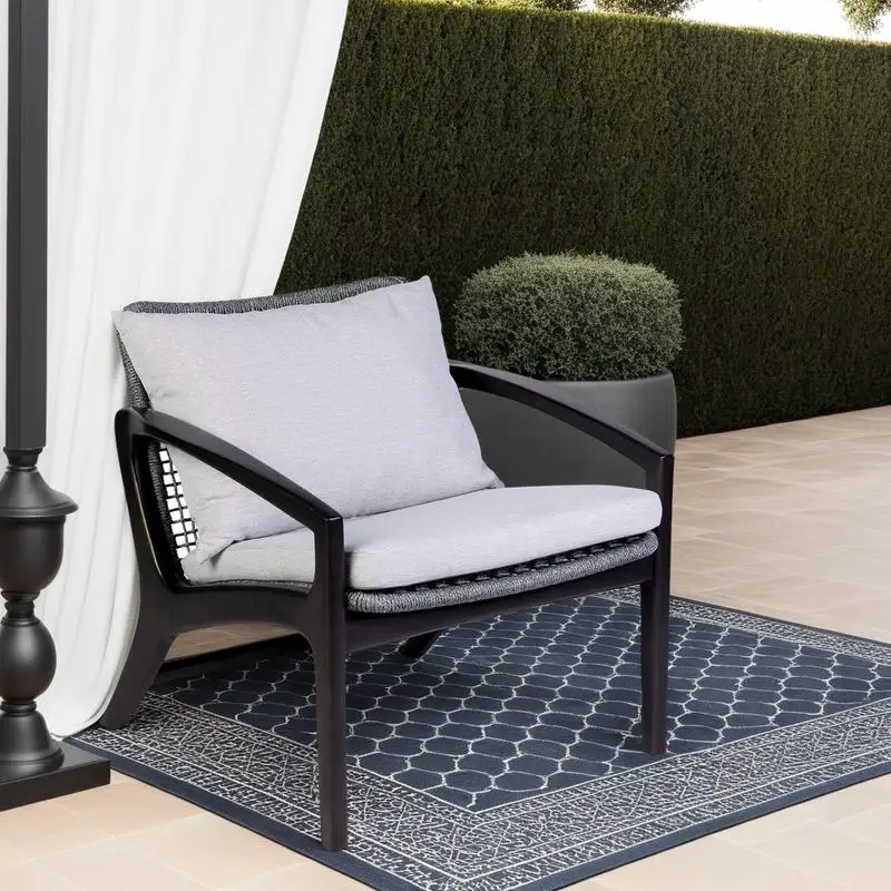 

Outdoor Chair in Dark Eucalyptus Wood with Gray Rope and White Cushions