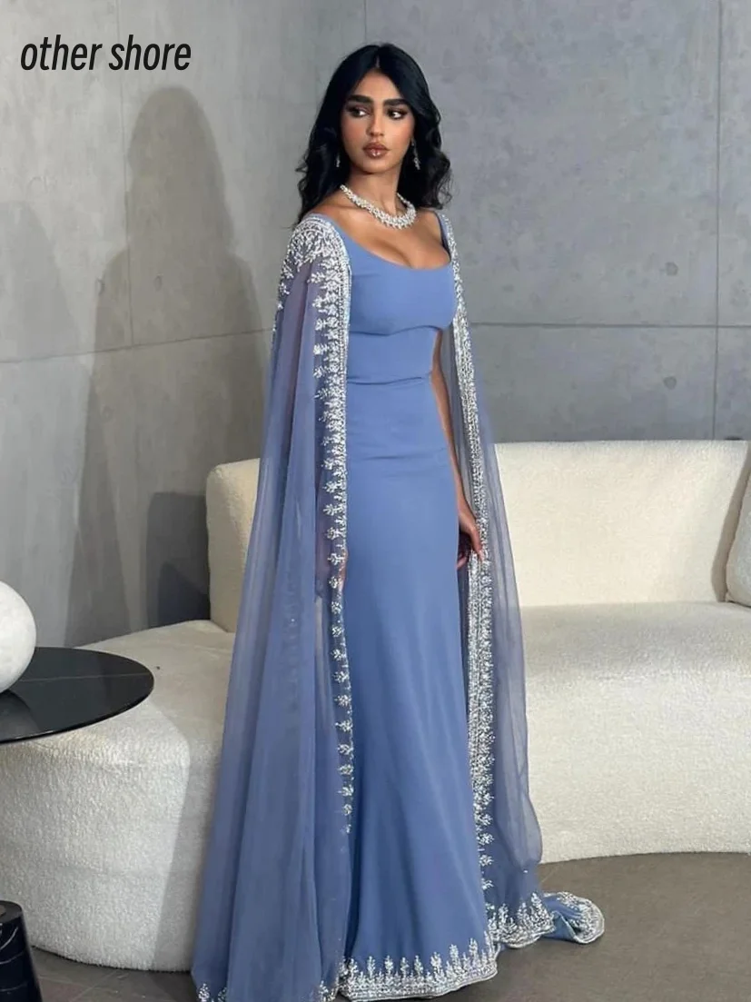 Andere Ufer elegante Vintage süße blaue Perlen applikation quadratischen Kragen anpassen formale Gelegenheit Ballkleid Abend Party kleider